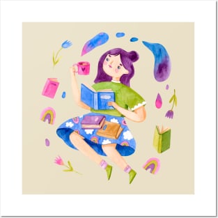 Watercolor Girl reading Posters and Art